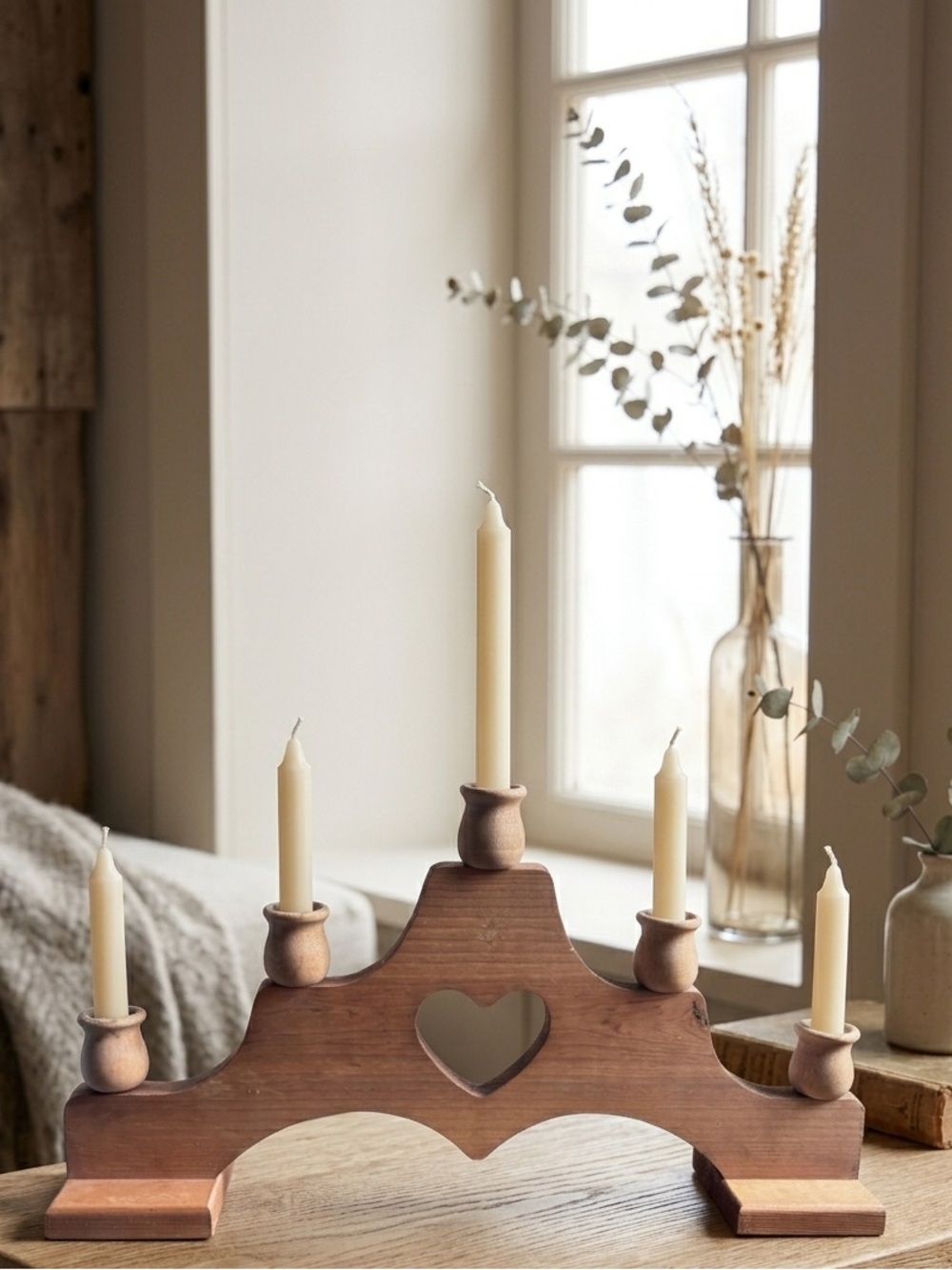 Wooden Heart Candle Holder- Natural Wood